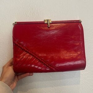 Evan Picone Red Leather Frame Clutch with Diagonal Stitch Detail